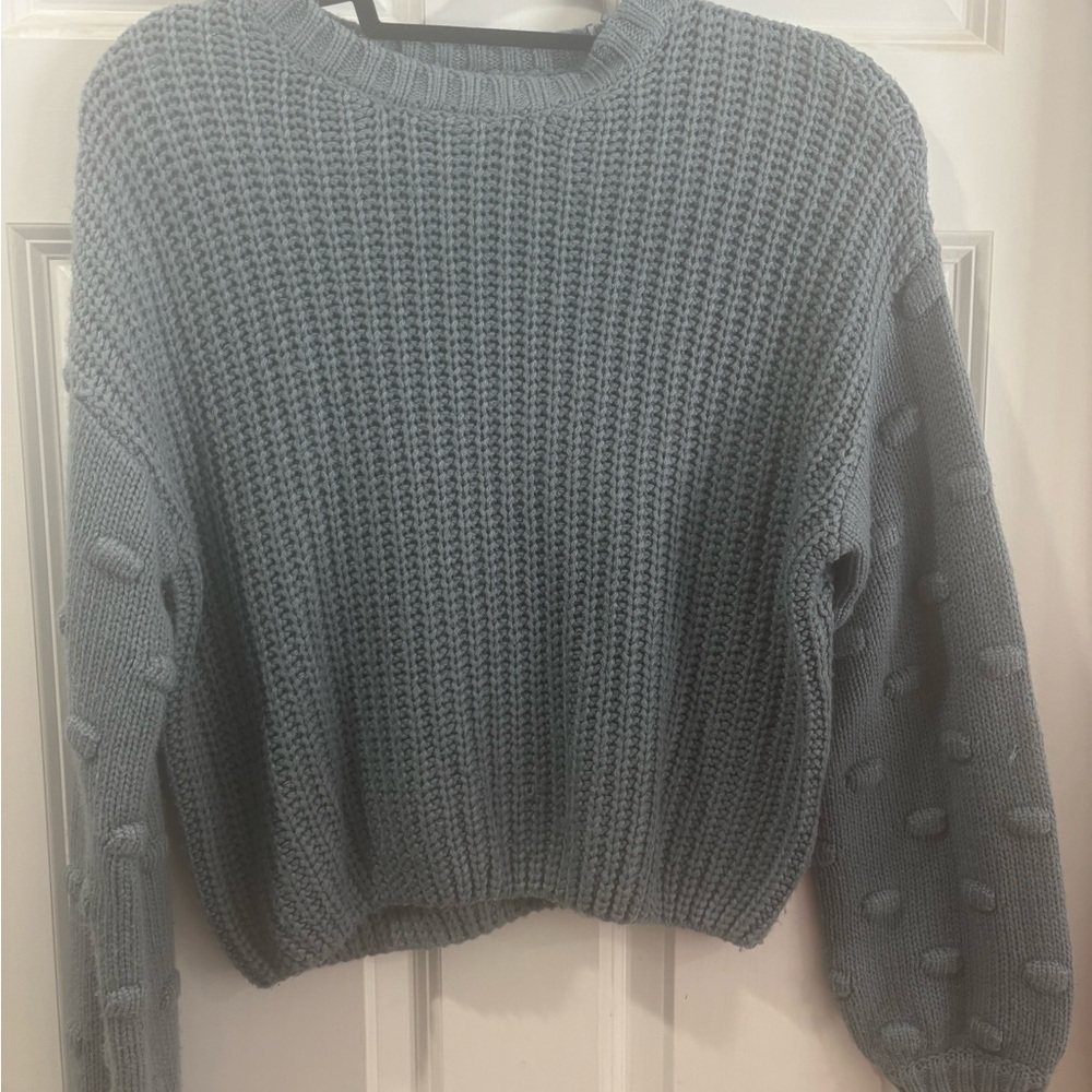 Blue Crew Neck Sweater with Chunky Knit and Cropped Fit